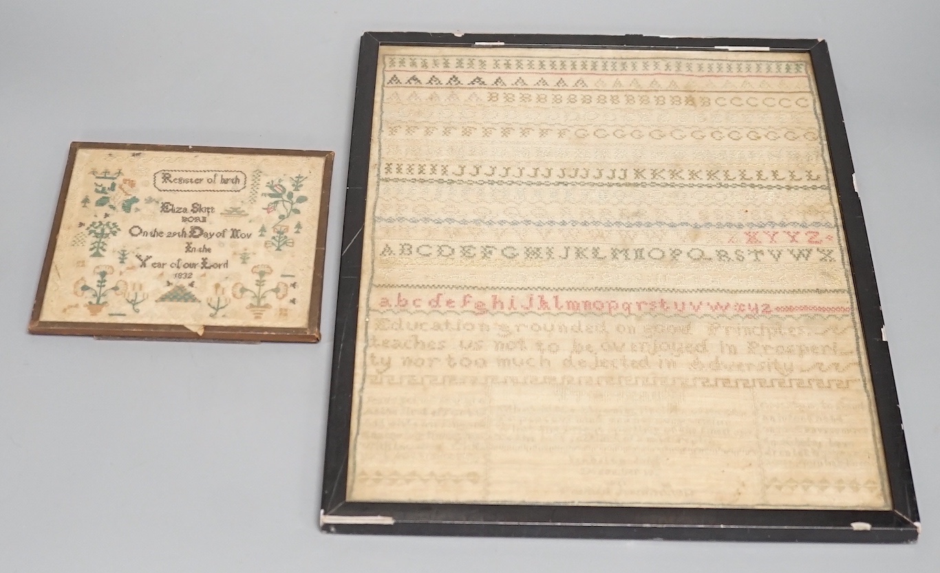An unusual William IV ‘Register of birth’ small sampler together with four other samplers ranging in date from 1778 to 1851, largest 56 cm x 20.5 cm (5)